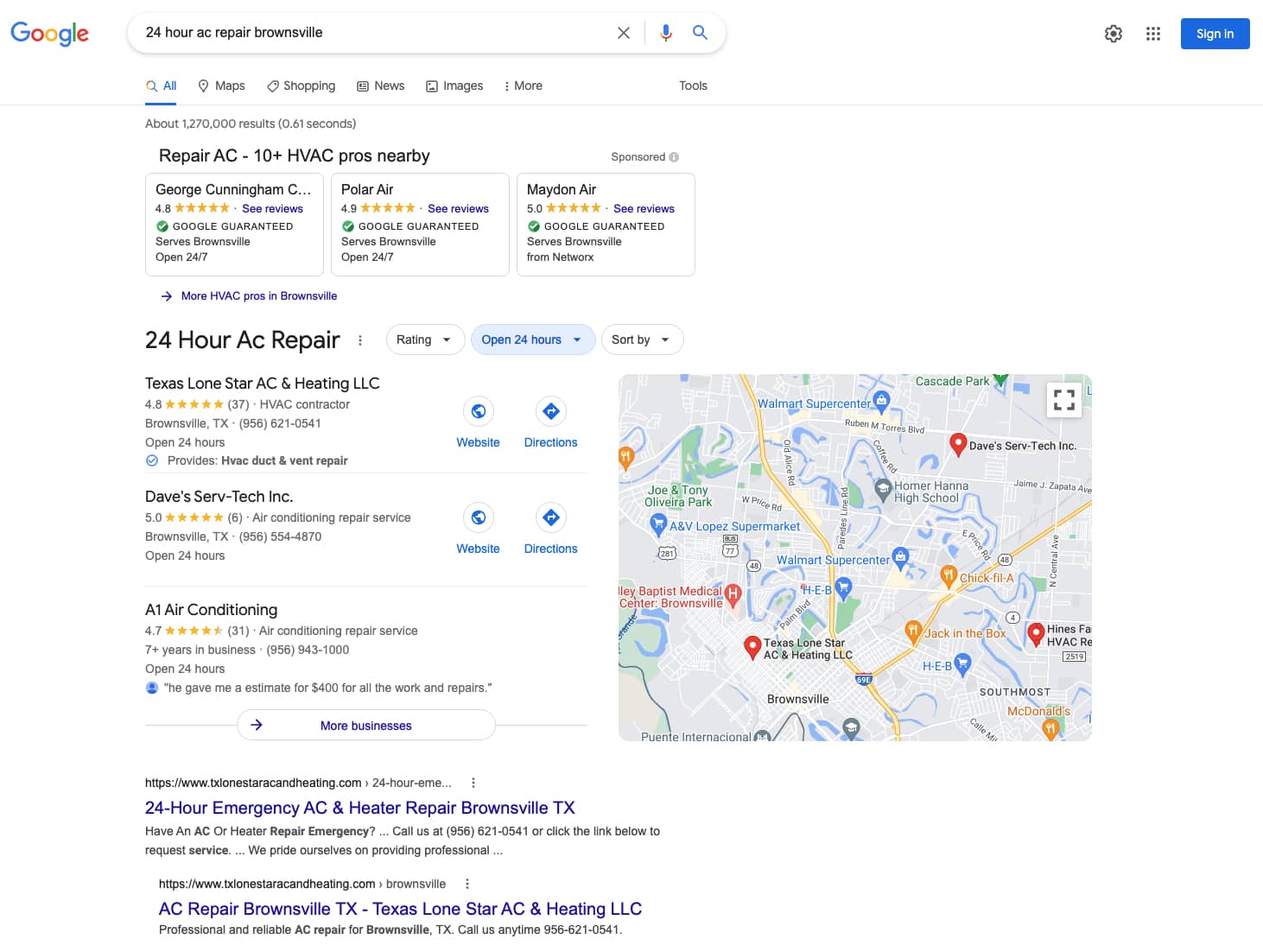 screenshot of search engine results for local seo client texas lone star ac & heating llc in Brownsville, TX
